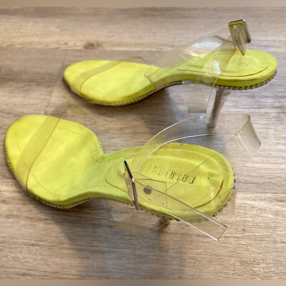 Fashion Nova Neon Yellow Green Heels Silver Studs Clear Adjustable Straps 8.5 - Picture 9 of 16